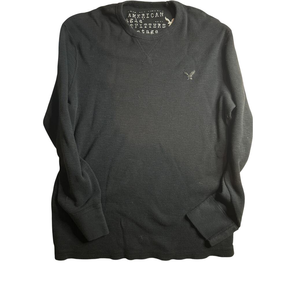 American Eagle Vintage Fit Shirt XL Y2k Style Long Sleeve Waffle Thermal Black